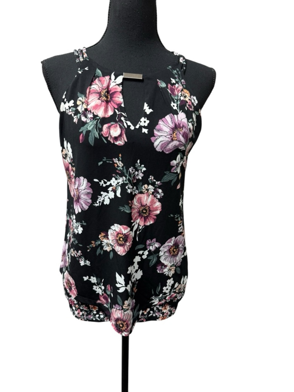 White House Black Mkt Floral Sleeveless Blouse Black Pink Keyhole Neck Women XS